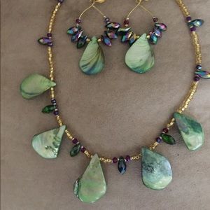 Abalone shell and bead necklace and earrings.
